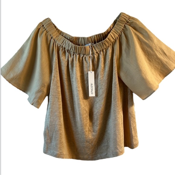 Chico’s 100% linen Elegant Off-Shoulder Tan Top NWT - Picture 6 of 9